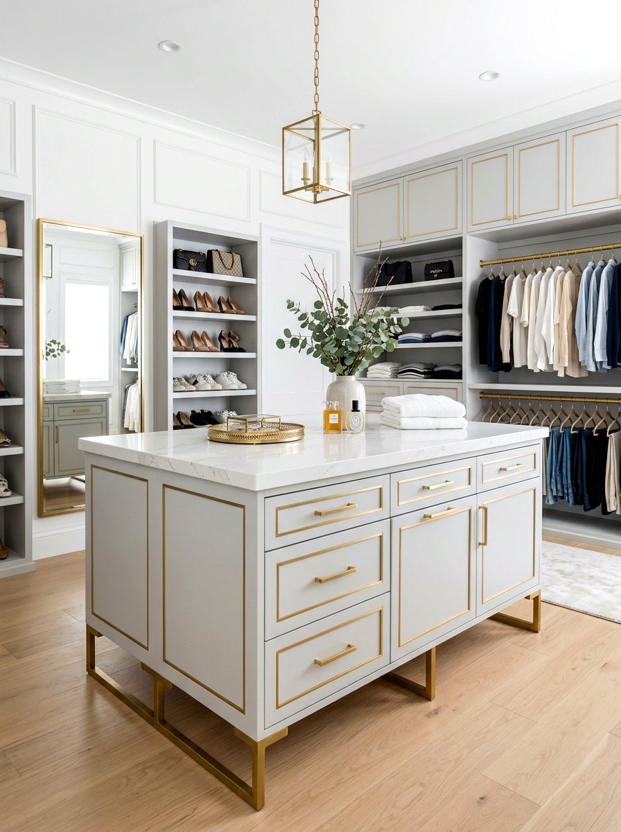 Brass accent closet island - 30 island dresser closet ideas