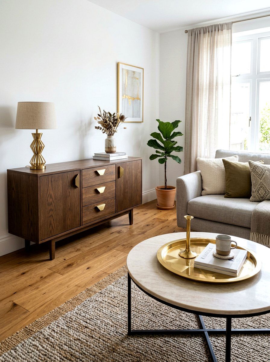 Brass accent living room hardware - 30 art deco living room ideas