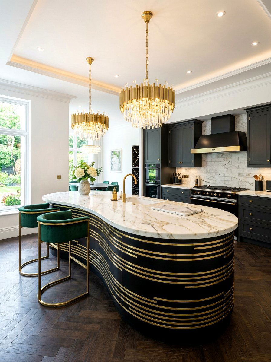 Brass accented curved island - 30 curved kitchen island ideas