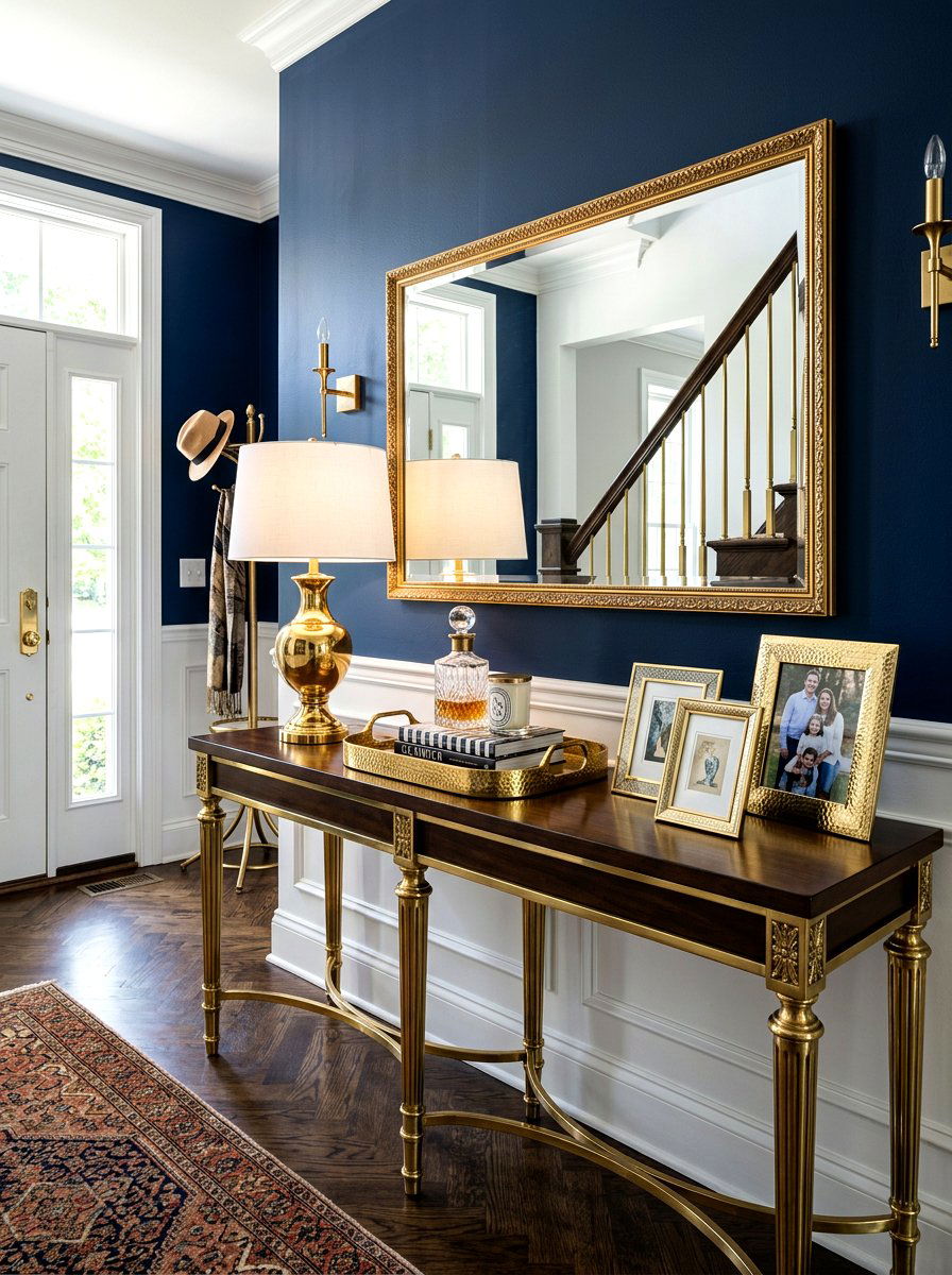 Brass accents entryway decor - 30 foyer console styling ideas