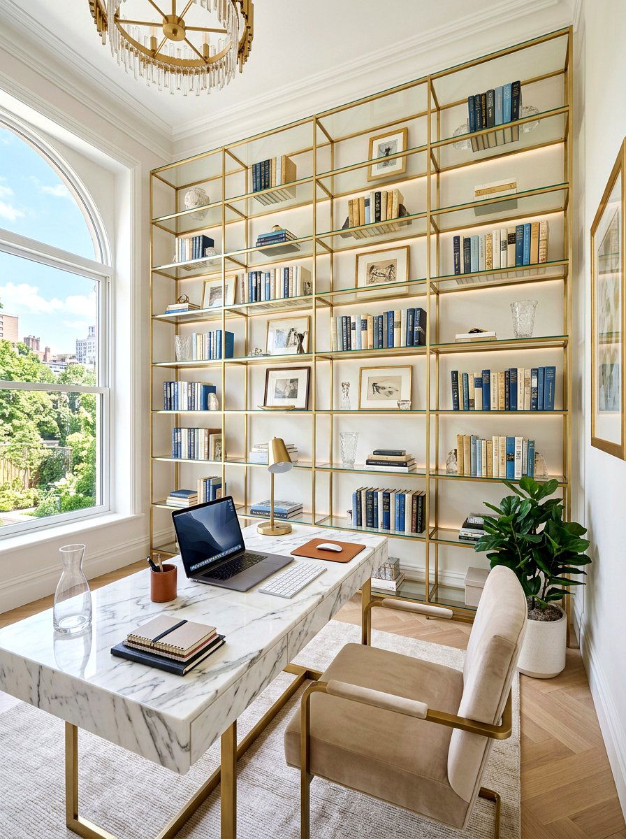 Brass and Glass Bookshelf Wall Office - 30 bookshelf wall office ideas