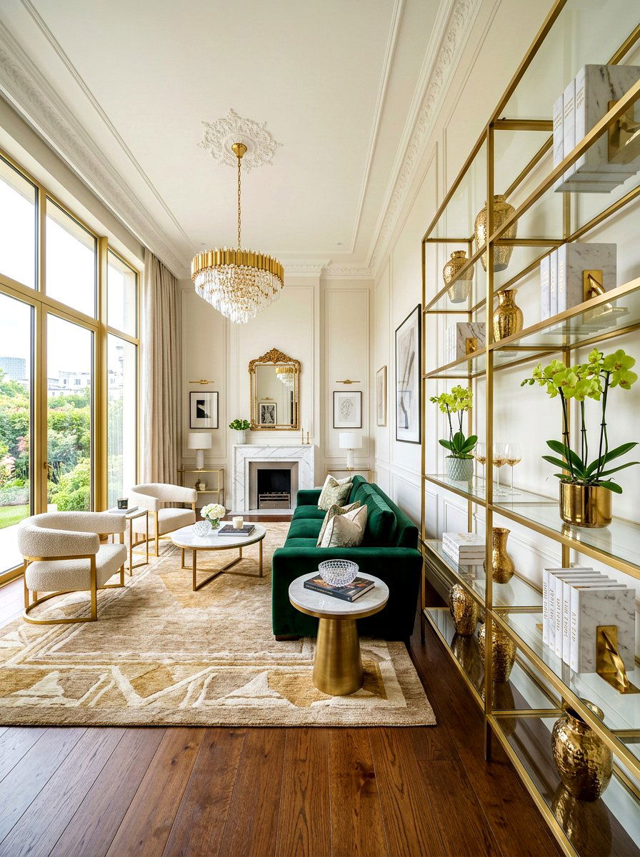 Brass and Gold Shelving - 30 living room shelf decor ideas