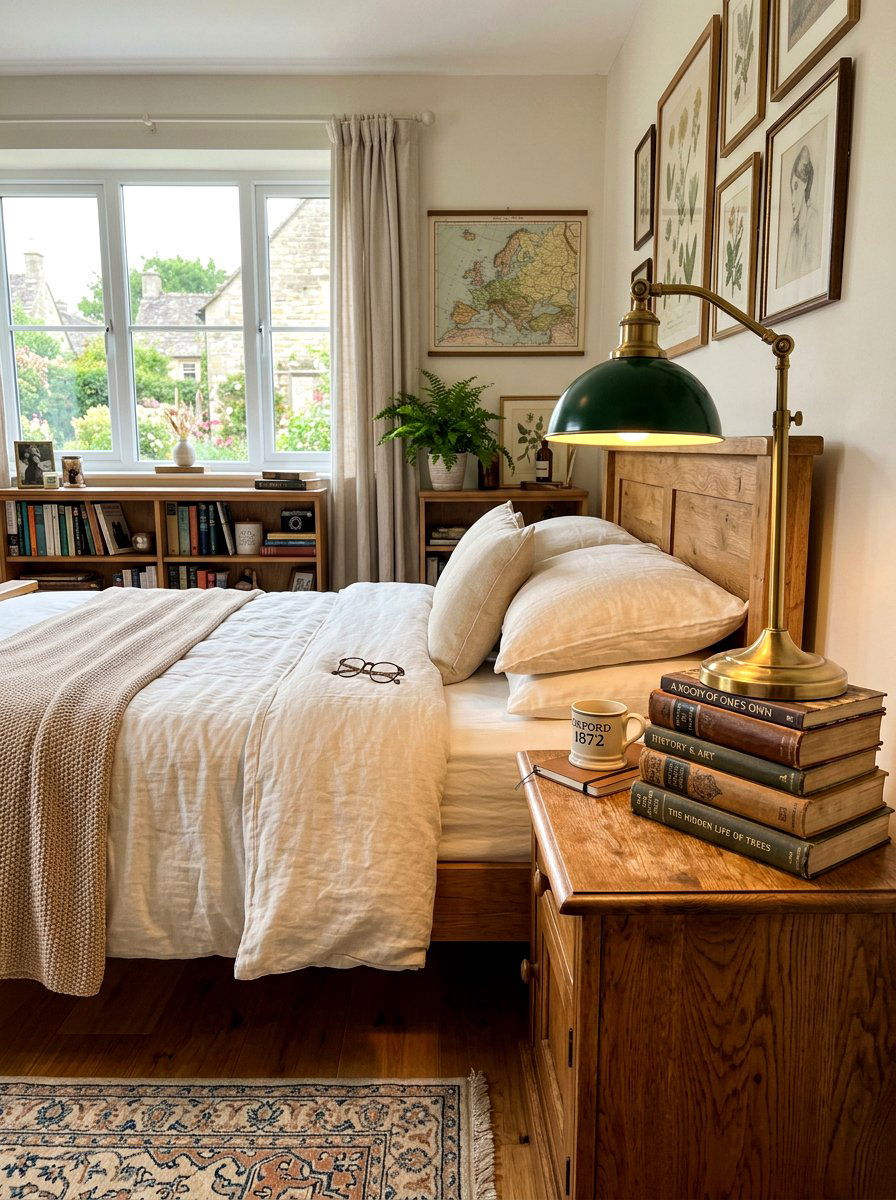 Brass bedside lamp - 30 light academia bedroom ideas