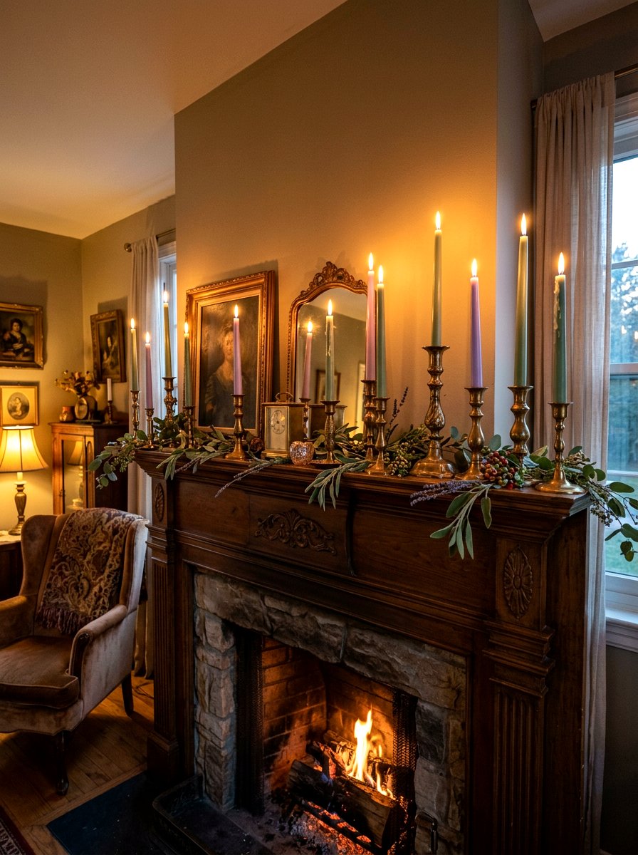 Brass candlestick mantel - 30 spring mantel decor ideas