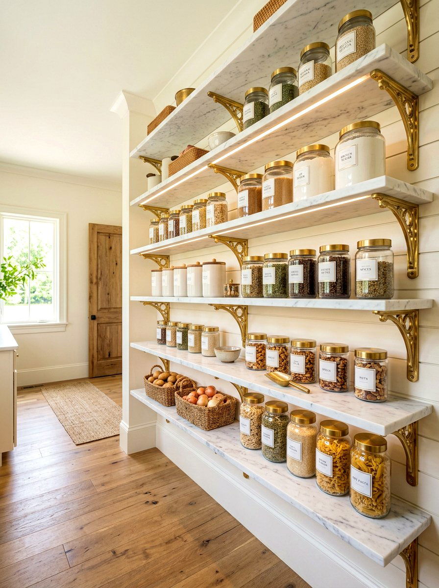 Brass detail pantry shelving - 30 farmhouse pantry shelving ideas