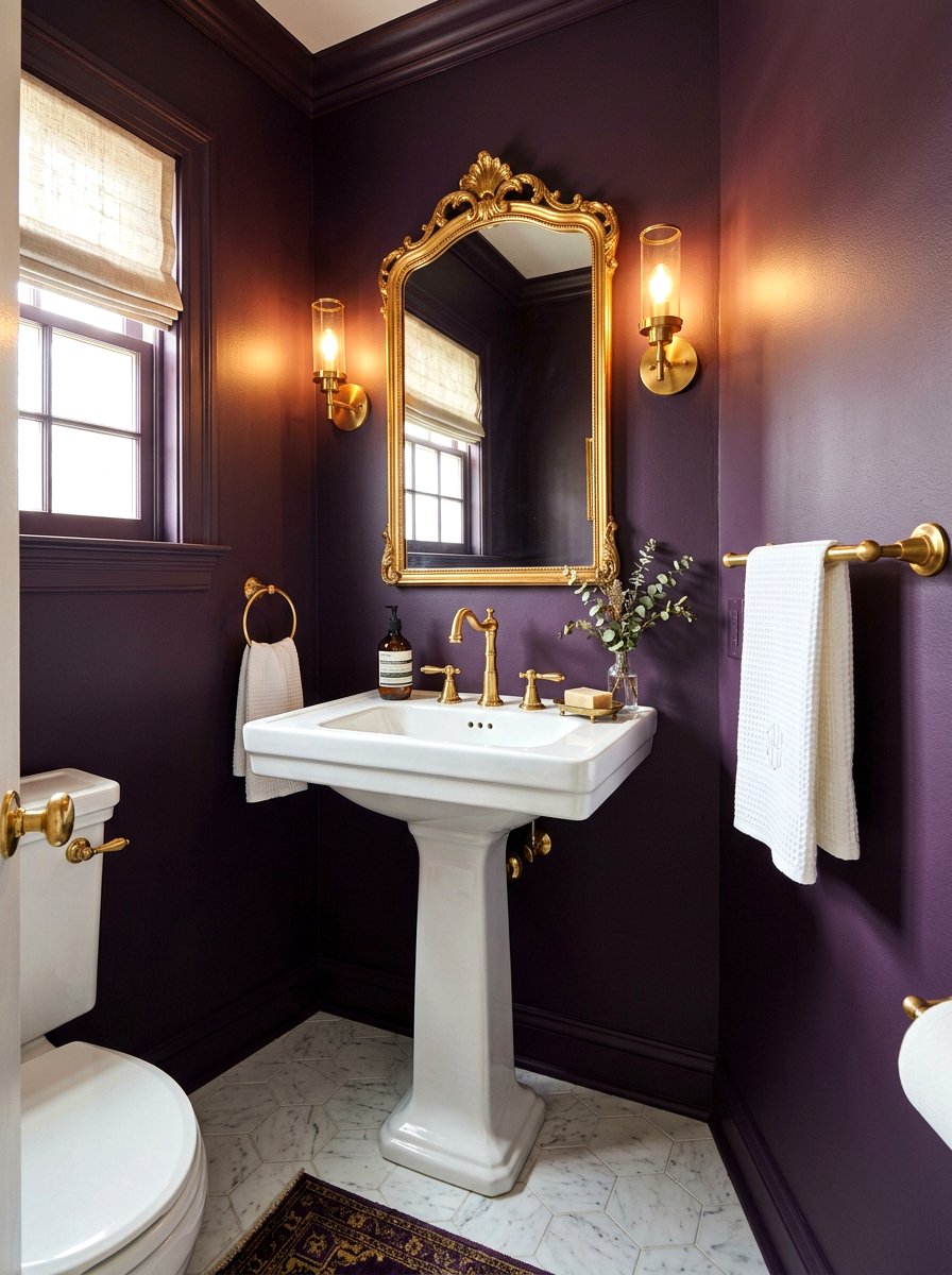 Brass faucet handle - 30 aubergine powder room ideas