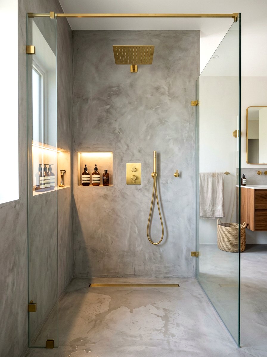 Brass fixtures microcement shower - 30 microcement shower ideas