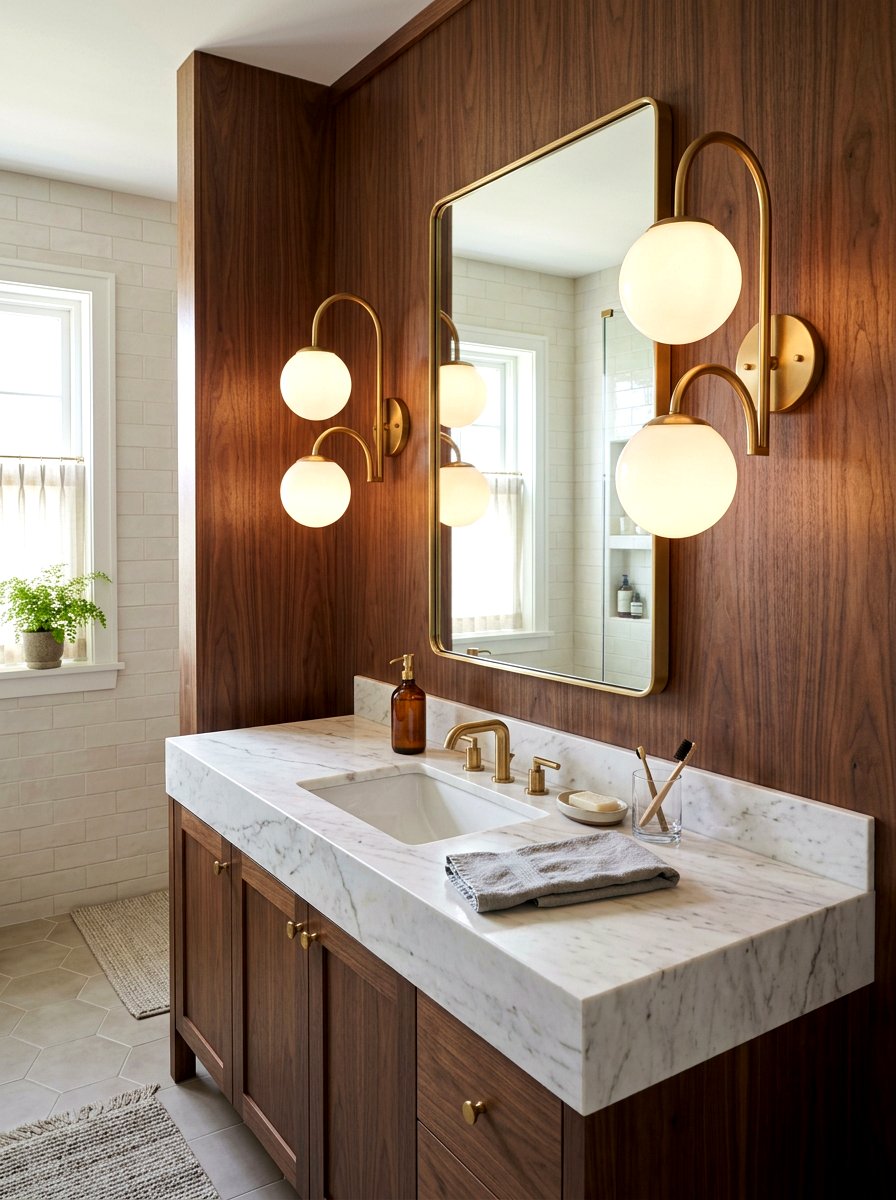 Brass globe sconces - 30 mid century bathroom ideas