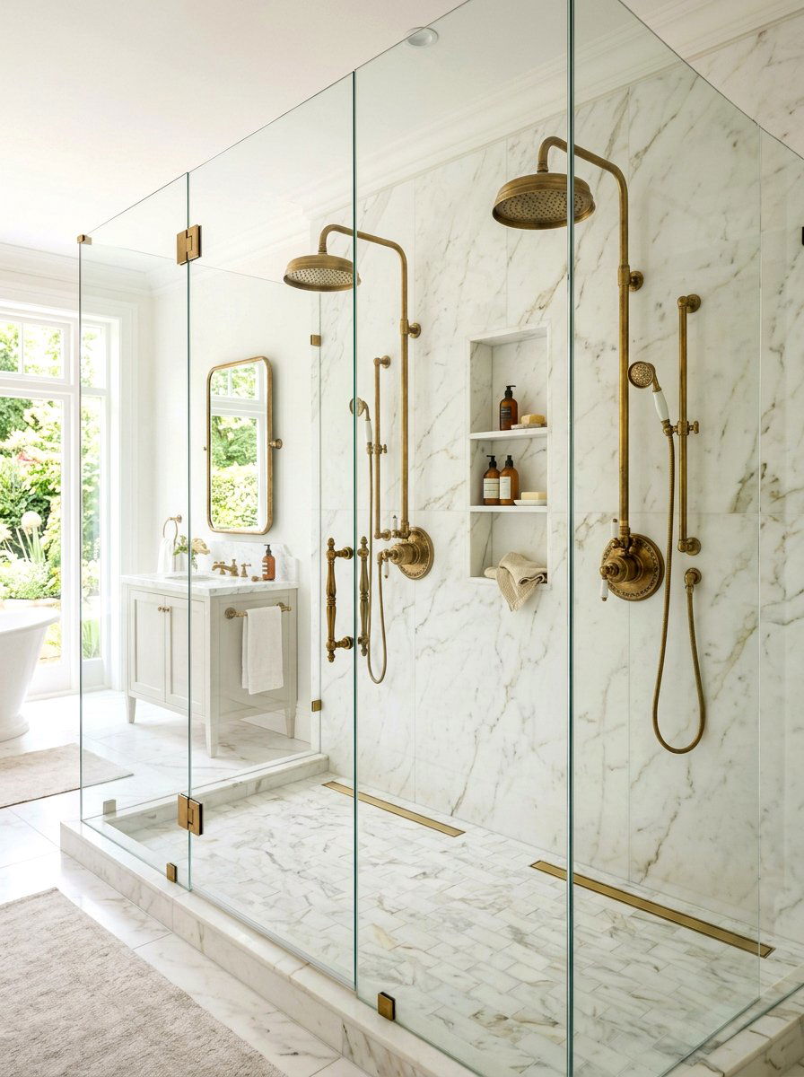 Brass hardware double shower - 30 double shower bathroom ideas