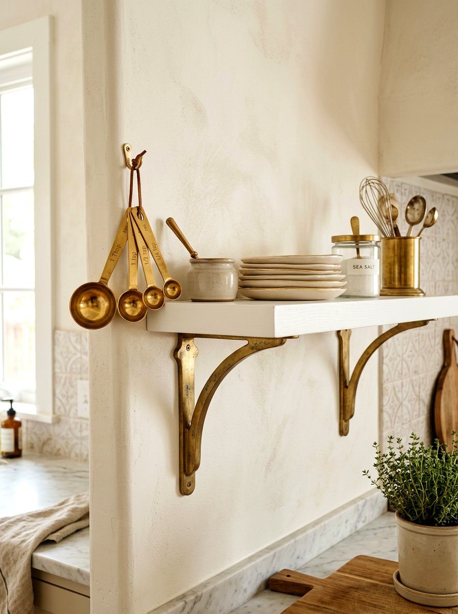 Brass kitchen accents - 30 fall kitchen shelf decor ideas