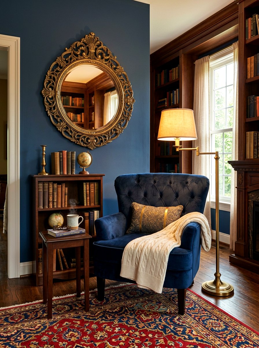 Brass mirror reading nook - 30 mirror alcove ideas