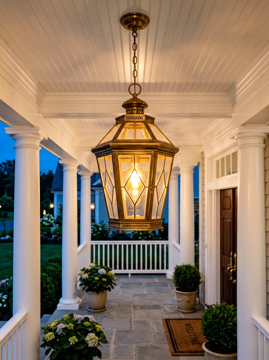 Brass outdoor pendant light - 30 colonial front porch ideas