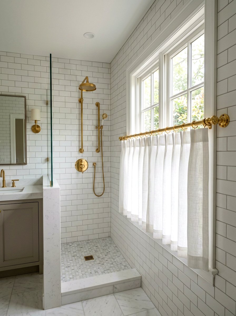 Brass rod bathroom cafe curtain - 30 cafe curtain bathroom ideas