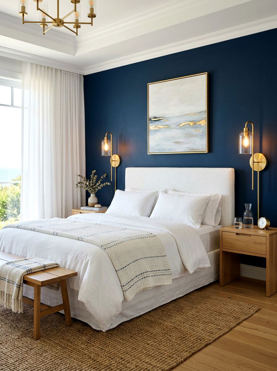 Brass sconce bedroom - 30 coastal prep bedroom ideas