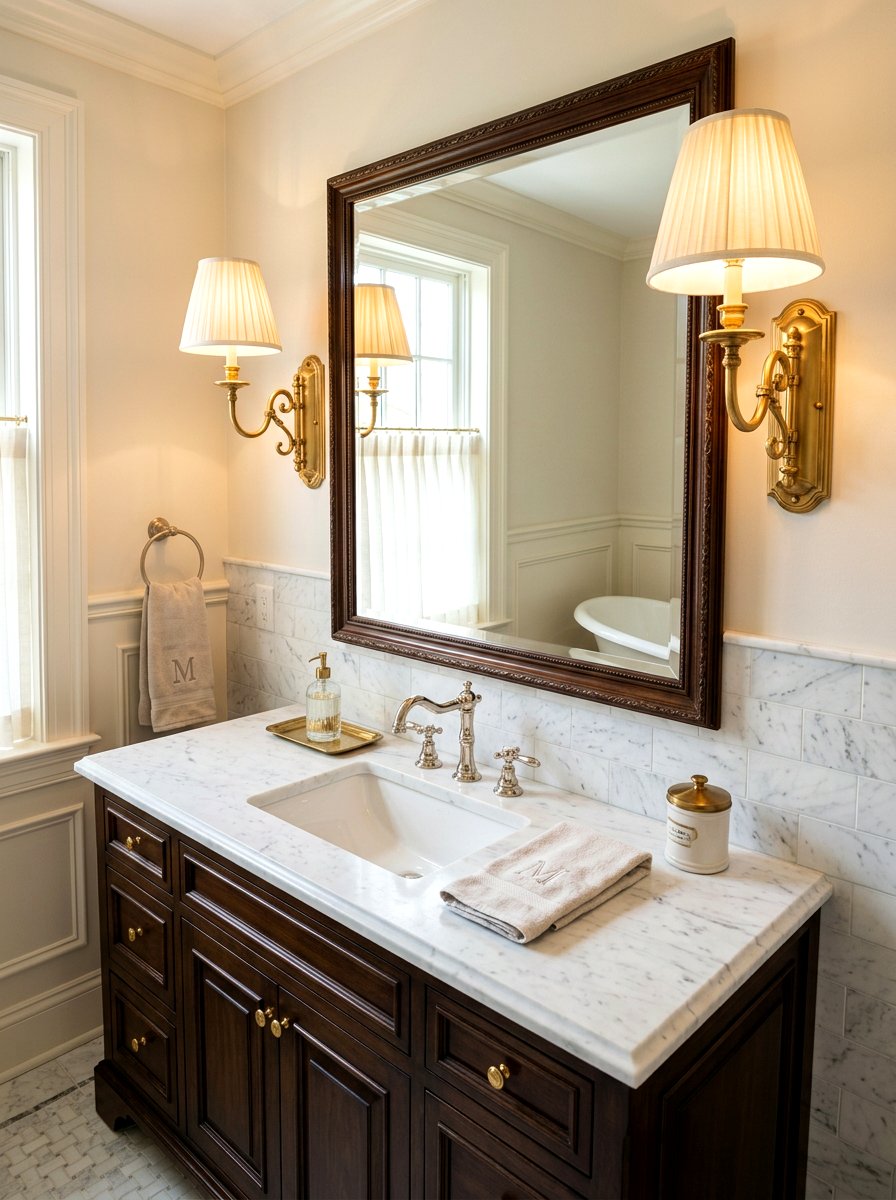 Brass wall sconces - 30 coastal grandmother bathroom ideas