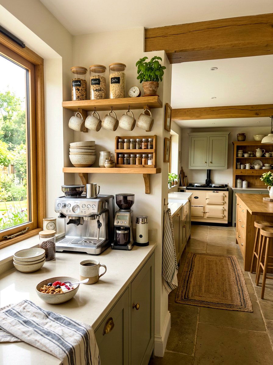 Breakfast Station Shelving - 30 English country kitchen shelf ideas