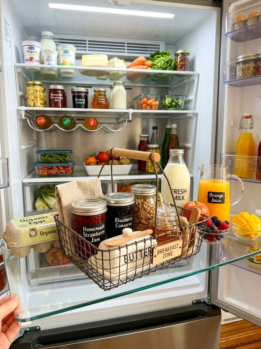 Breakfast station zone basket - 30 aesthetic fridge organization ideas