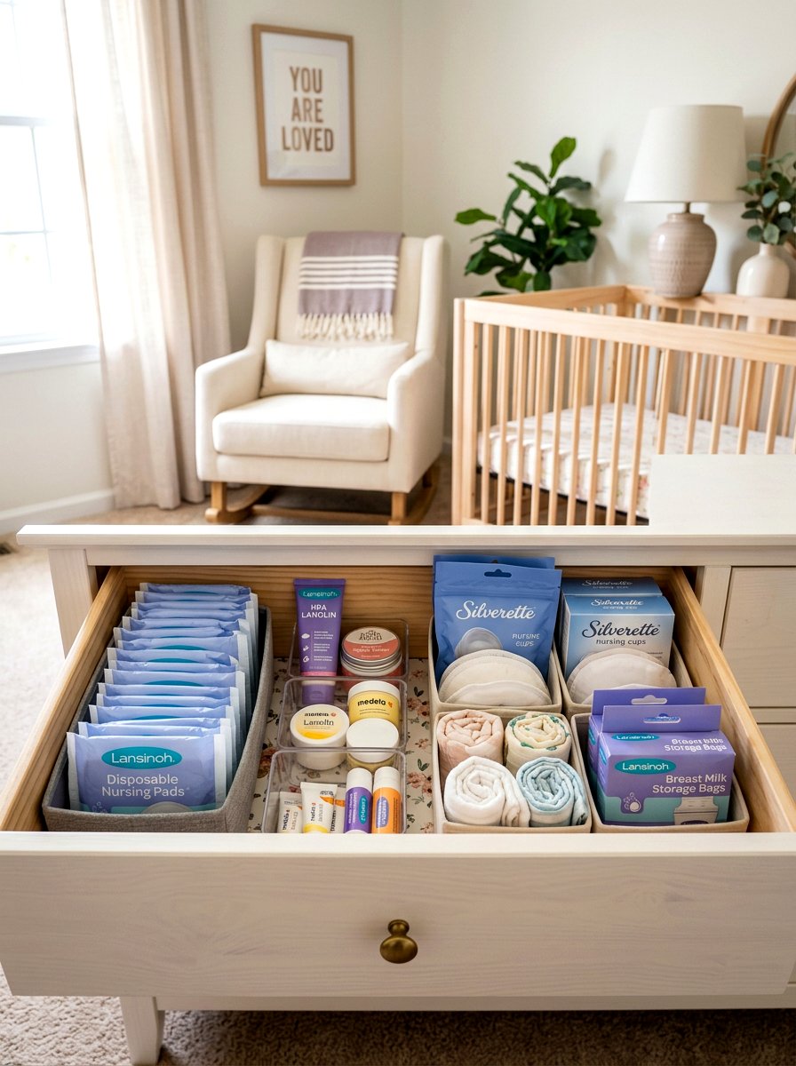 Breastfeeding supplies drawer - 30 nursery dresser organization ideas