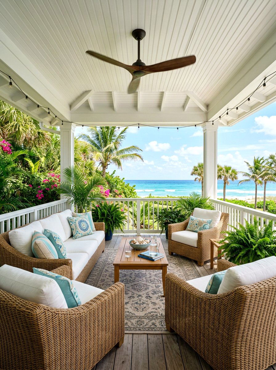 Breezy covered porch with seating area - 30 coastal exterior ideas