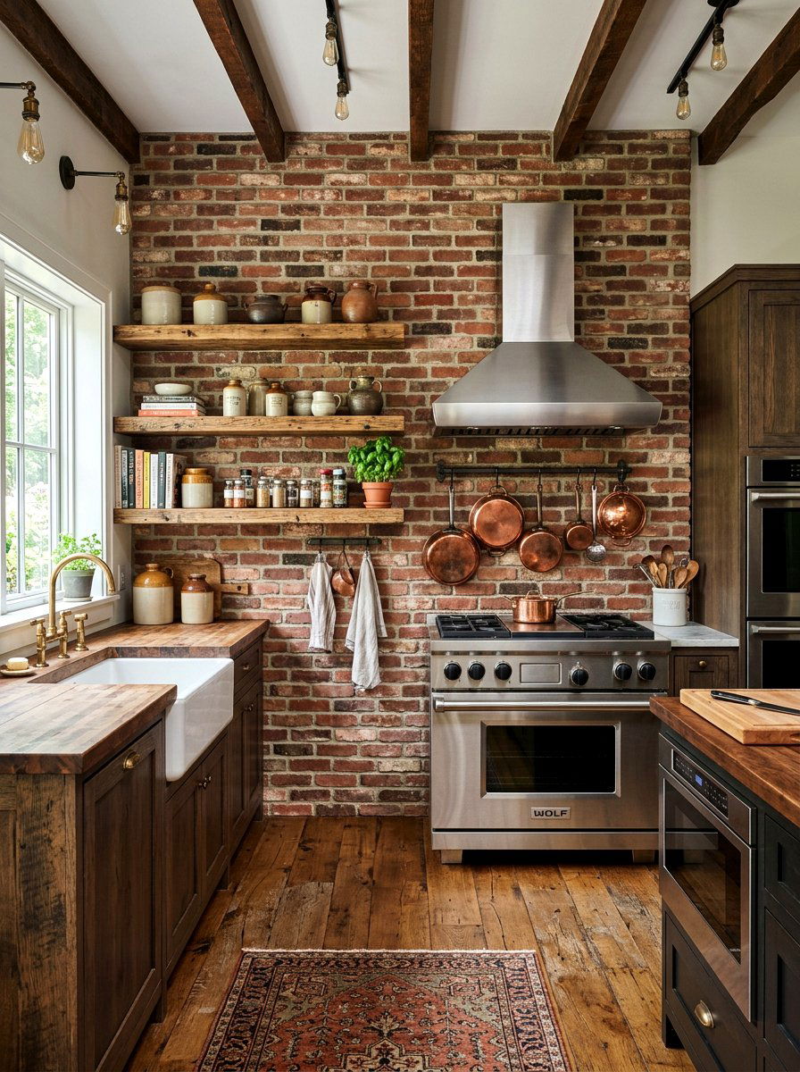 Brick Accent Wall - 30 vintage cottage kitchen ideas