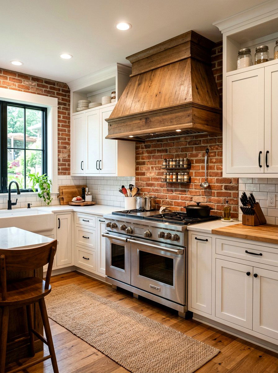 Brick Accent Wall - 30 farmhouse kitchen ideas
