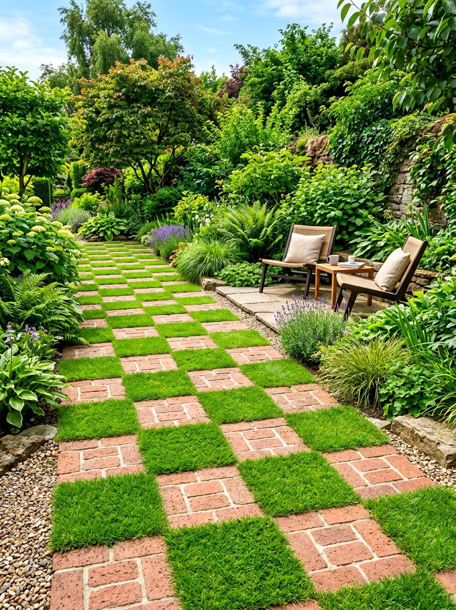 Brick And Grass Grid - 30 brick courtyard patio ideas