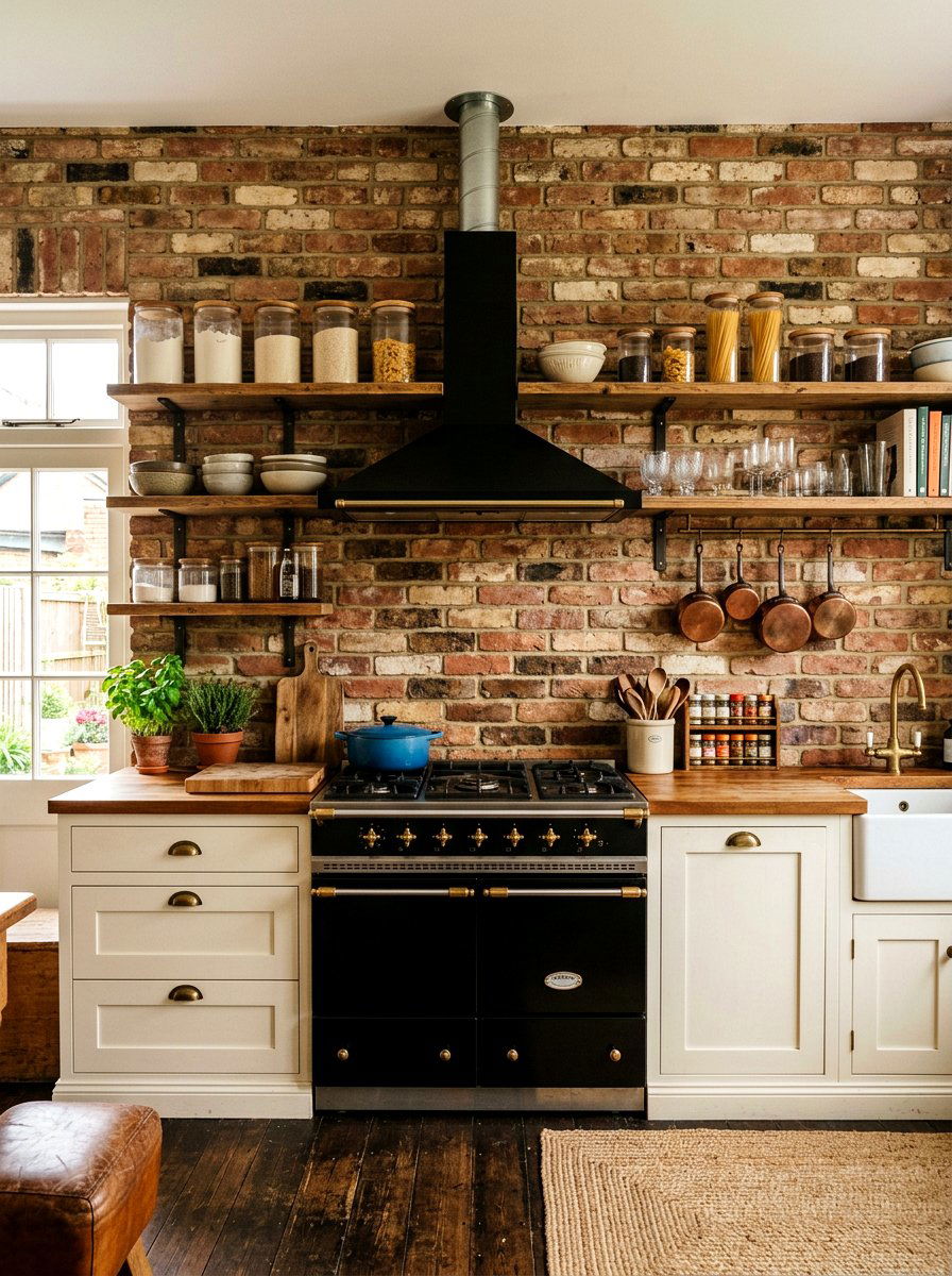 Brick Backsplash Wall - 30 vintage farmhouse kitchen ideas