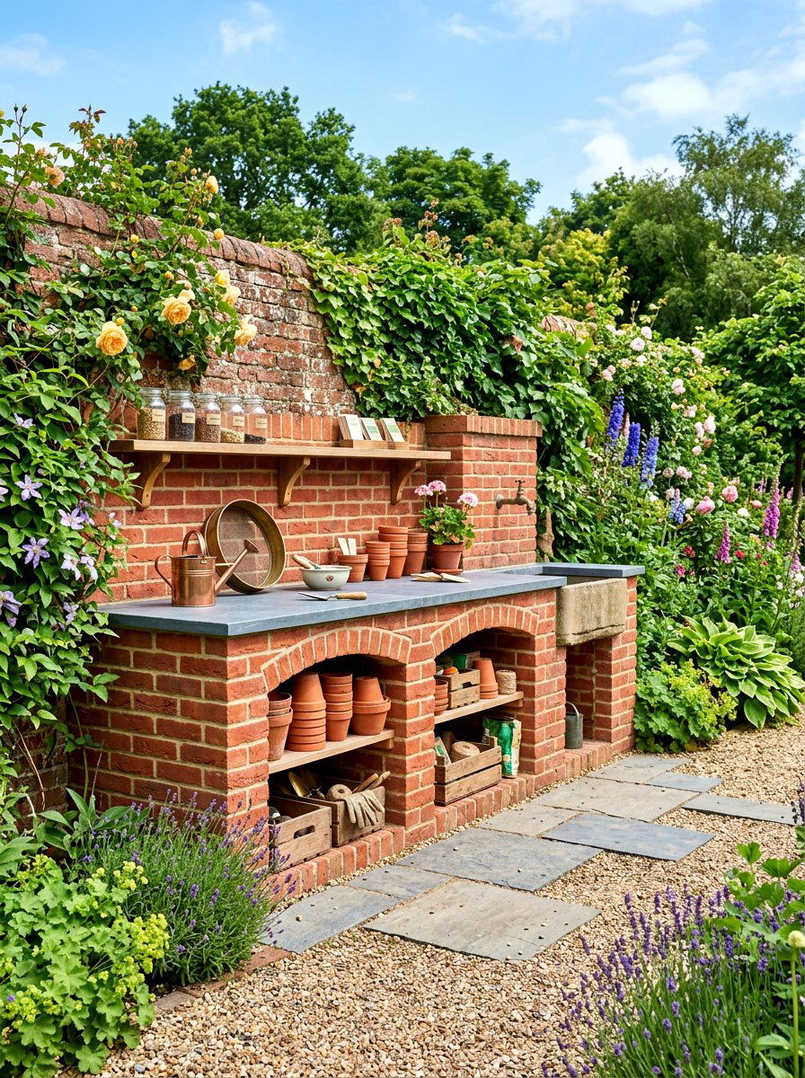 Brick Built Potting Area - 30 garden workstation ideas