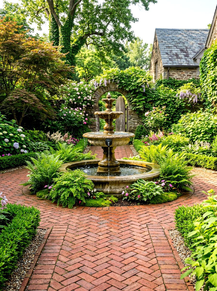 Brick Courtyard With Fountain - 30 brick courtyard patio ideas
