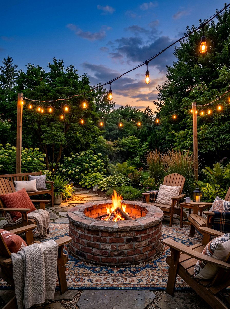 Brick Fire Pit With String Lights - 30 brick fire pit ideas