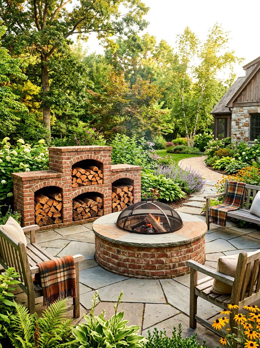 Brick Fire Pit With Wood Storage - 30 brick fire pit ideas