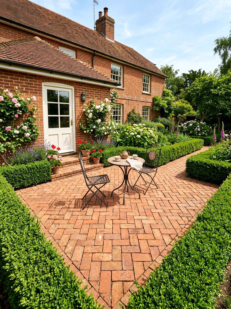 Brick Herringbone Patio - 30 no grass backyard ideas