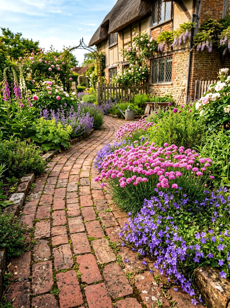 Brick Path Flower Edge - 30 cottage front border ideas