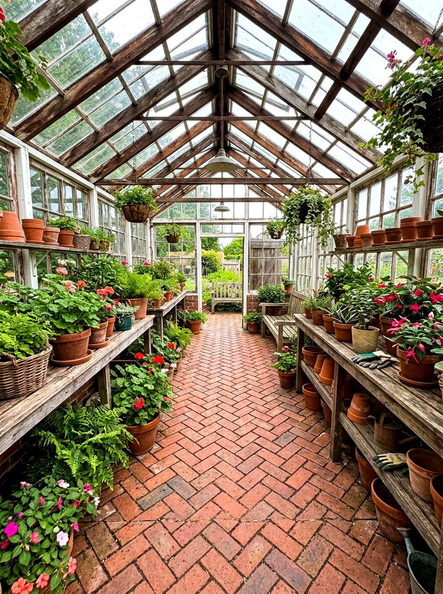 Brick Path Garden - 30 greenhouse plant layout ideas