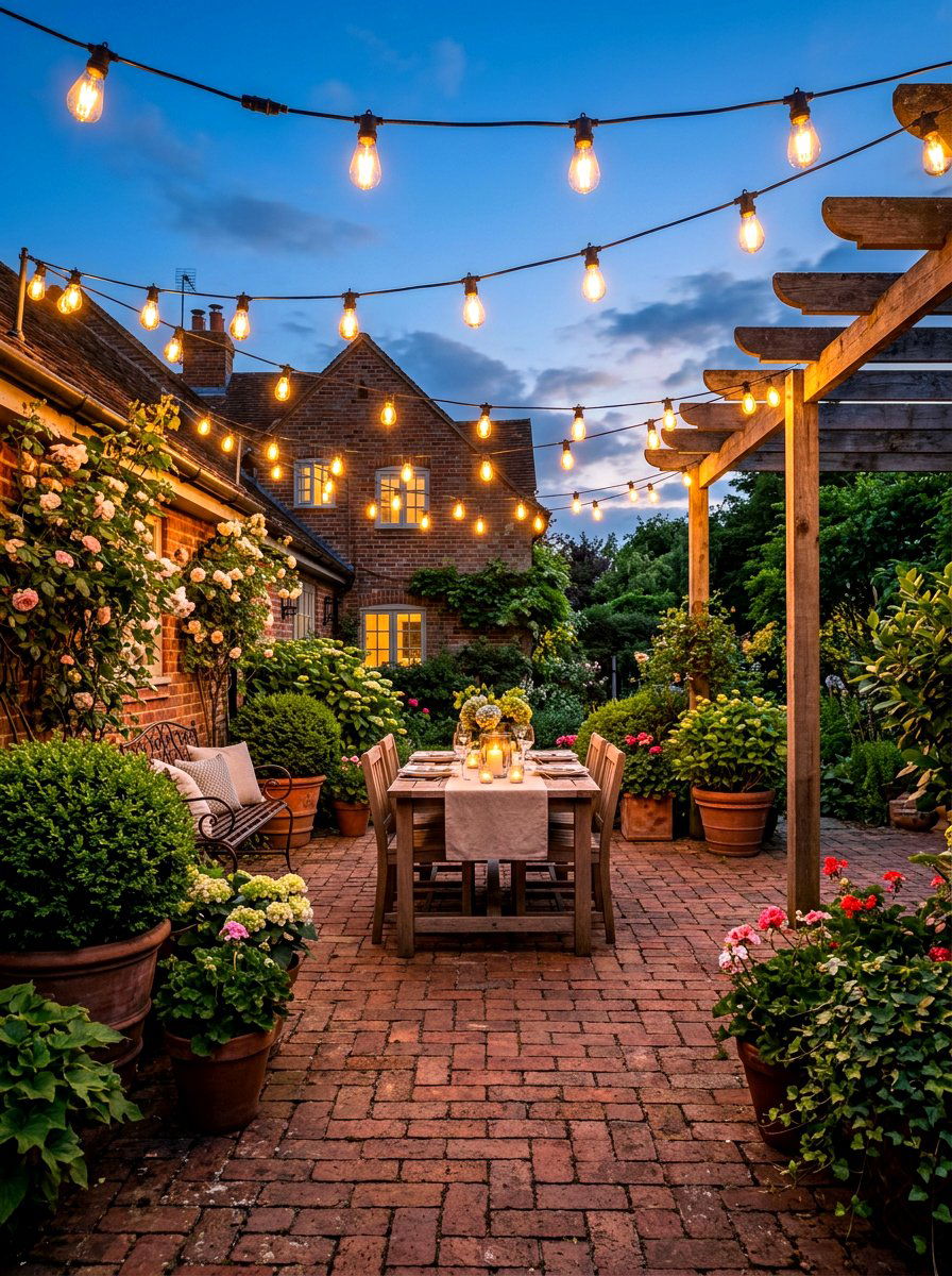 Brick Patio String Lights - 30 brick courtyard patio ideas