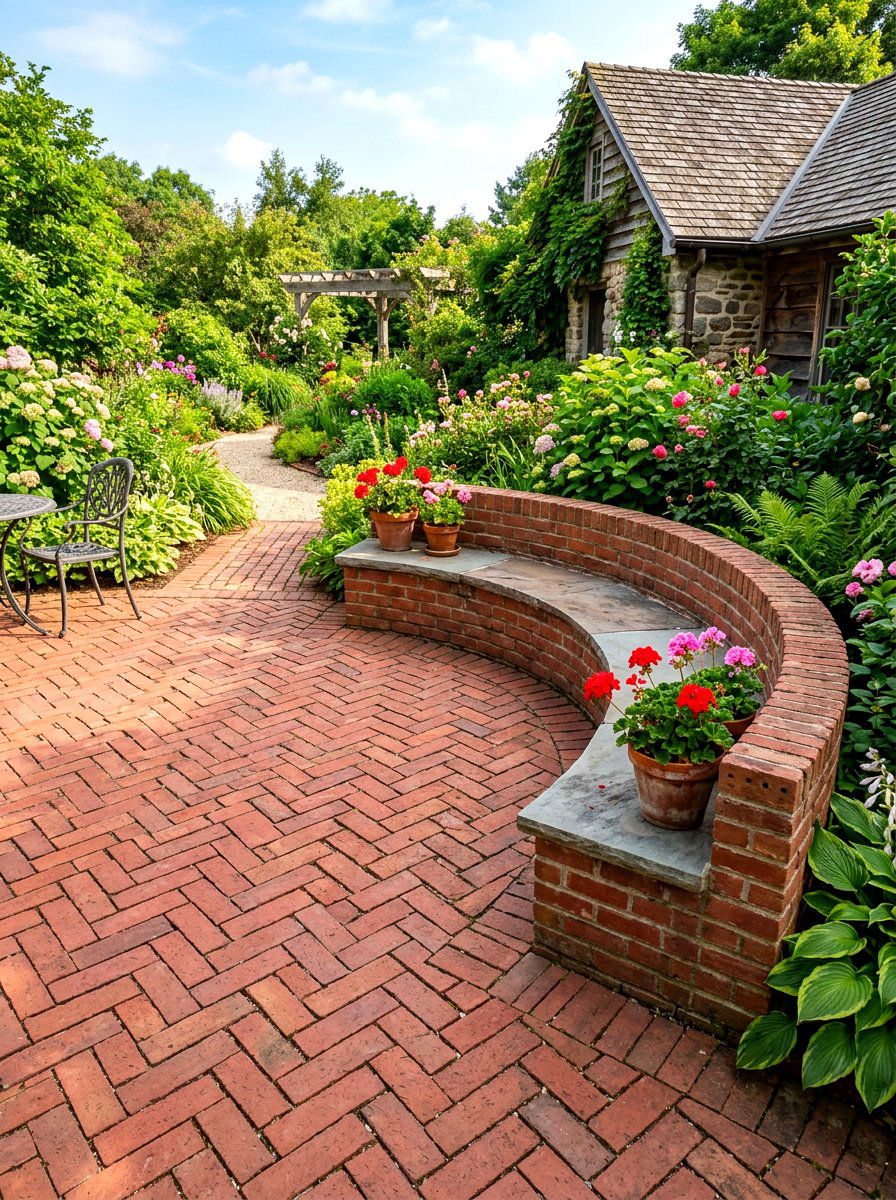 Brick Patio With Curved Garden Bench - 30 curved bench garden ideas