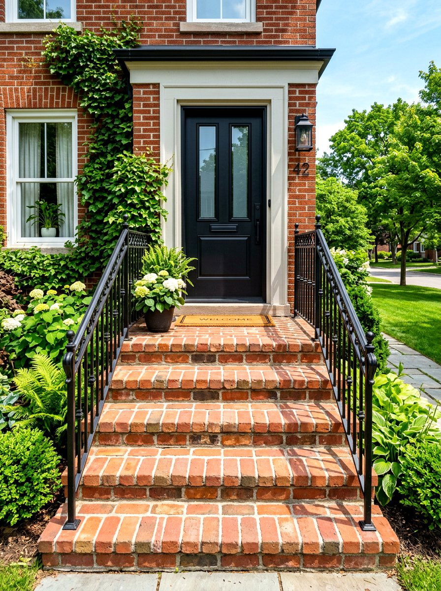 Brick Stoop With Black Railings - 30 brick stoop ideas