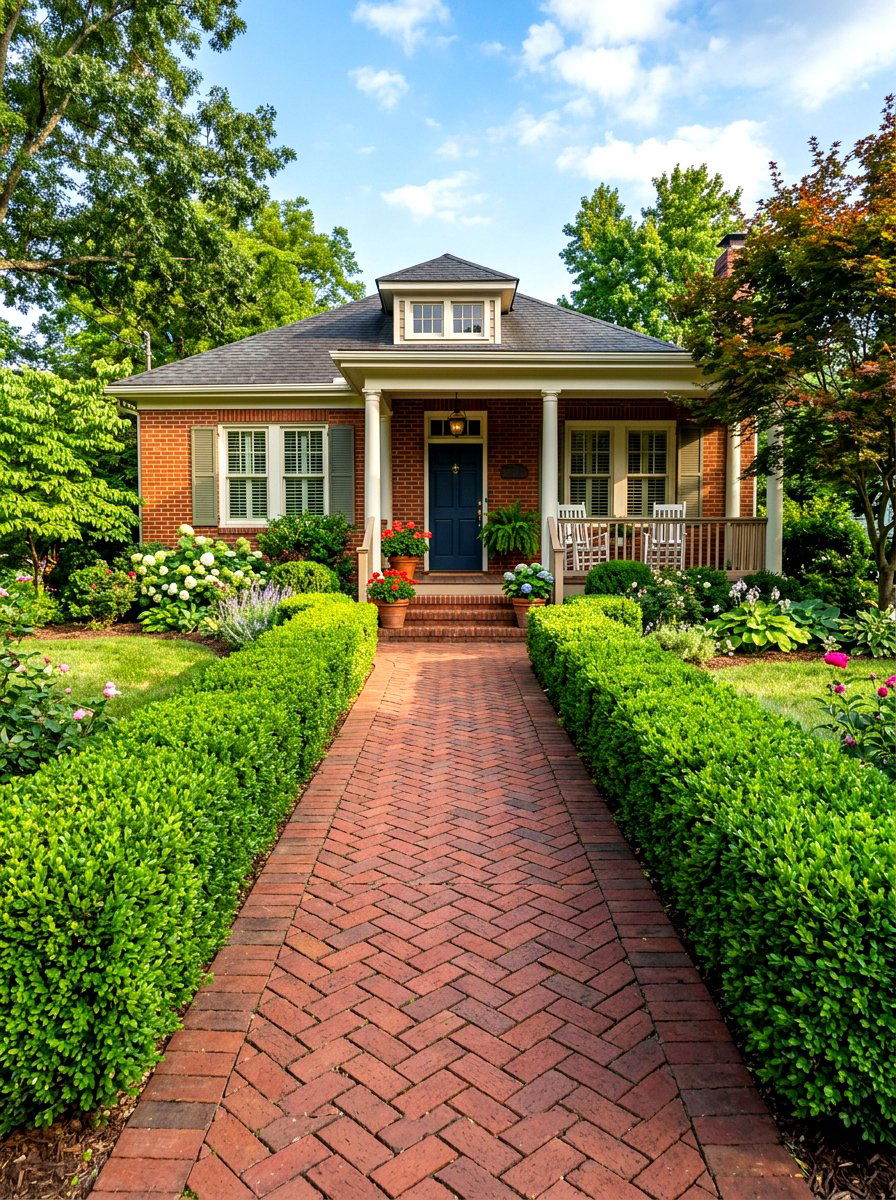 Brick Walkway With Boxwood Hedges - 30 bungalow front yard ideas