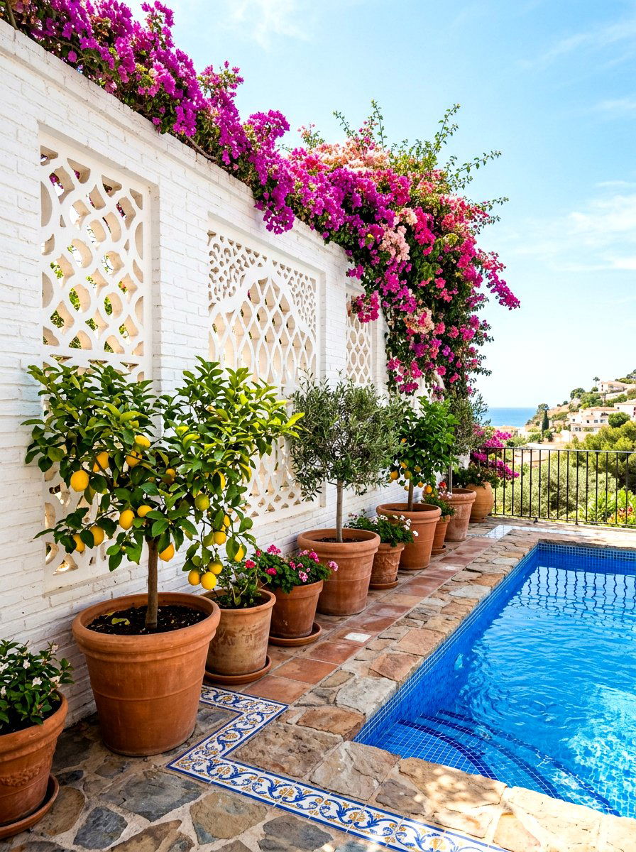 Brick Wall With Cutouts - 30 poolside privacy screen ideas
