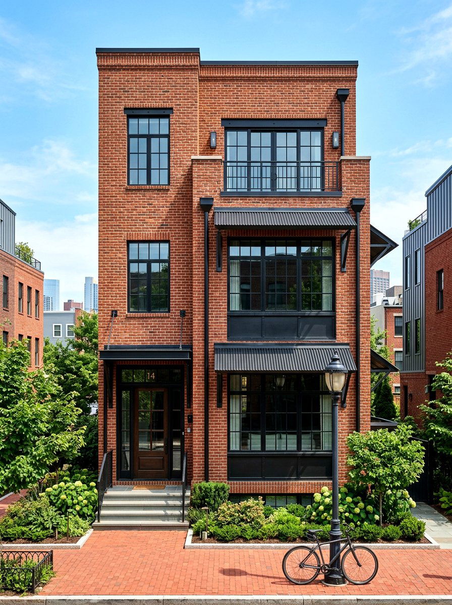 Brick and black metal - 30 mixed material facade ideas