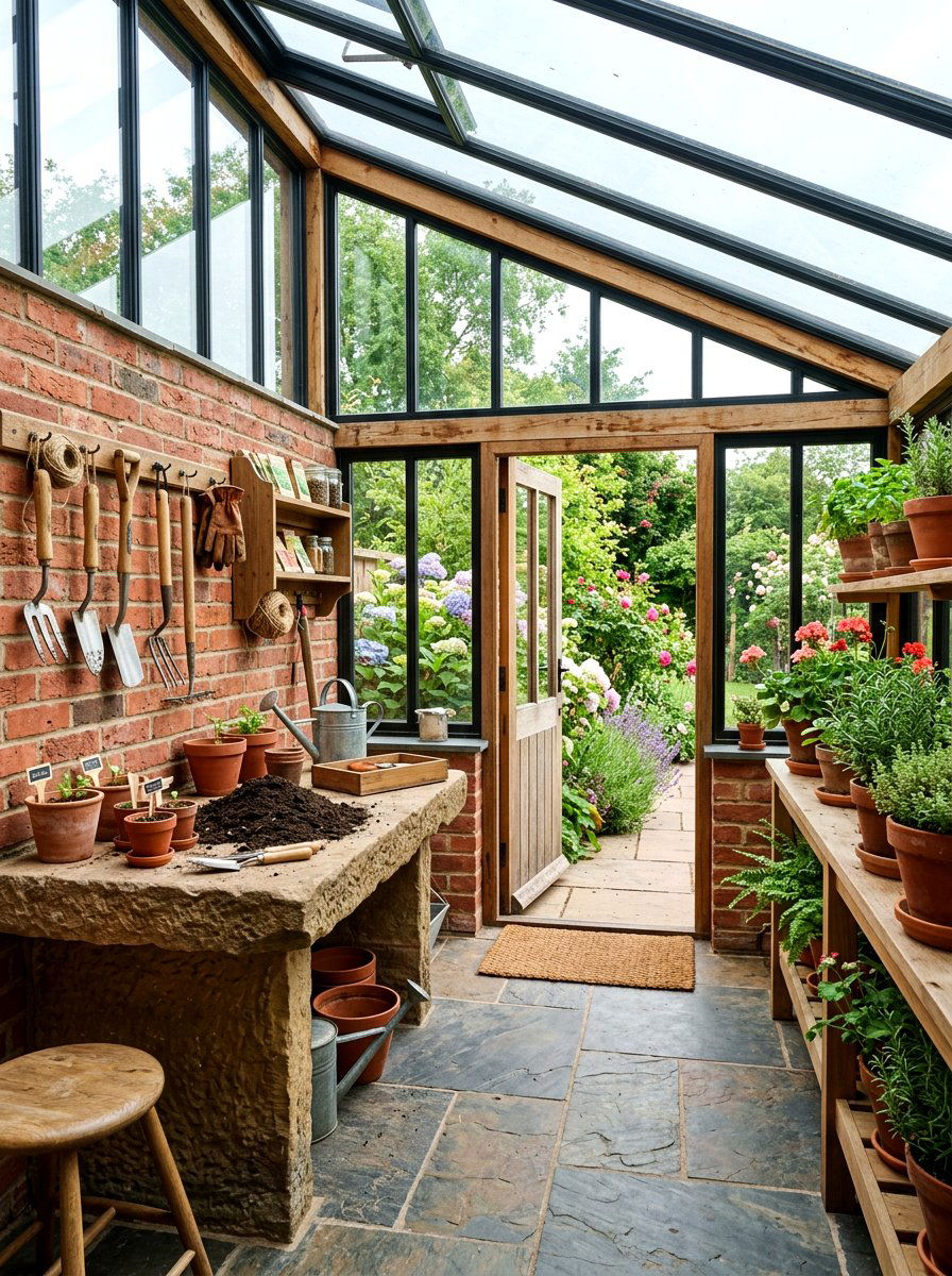 Brick base potting porch - 30 attached greenhouse porch ideas