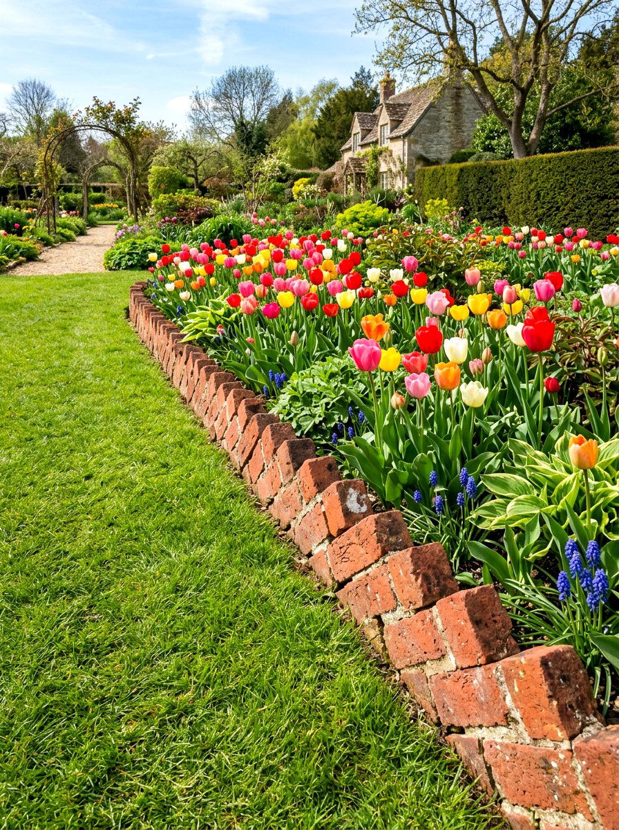 Brick edging flower garden - 30 cottage front yard garden ideas