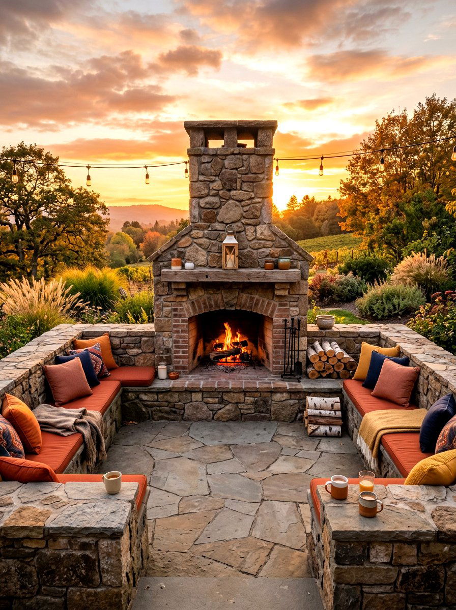 Brick fireplace built in stone benches - 30 brick outdoor fireplace ideas