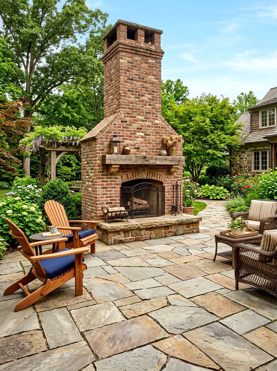Brick fireplace flagstone patio surround - 30 brick outdoor fireplace ideas