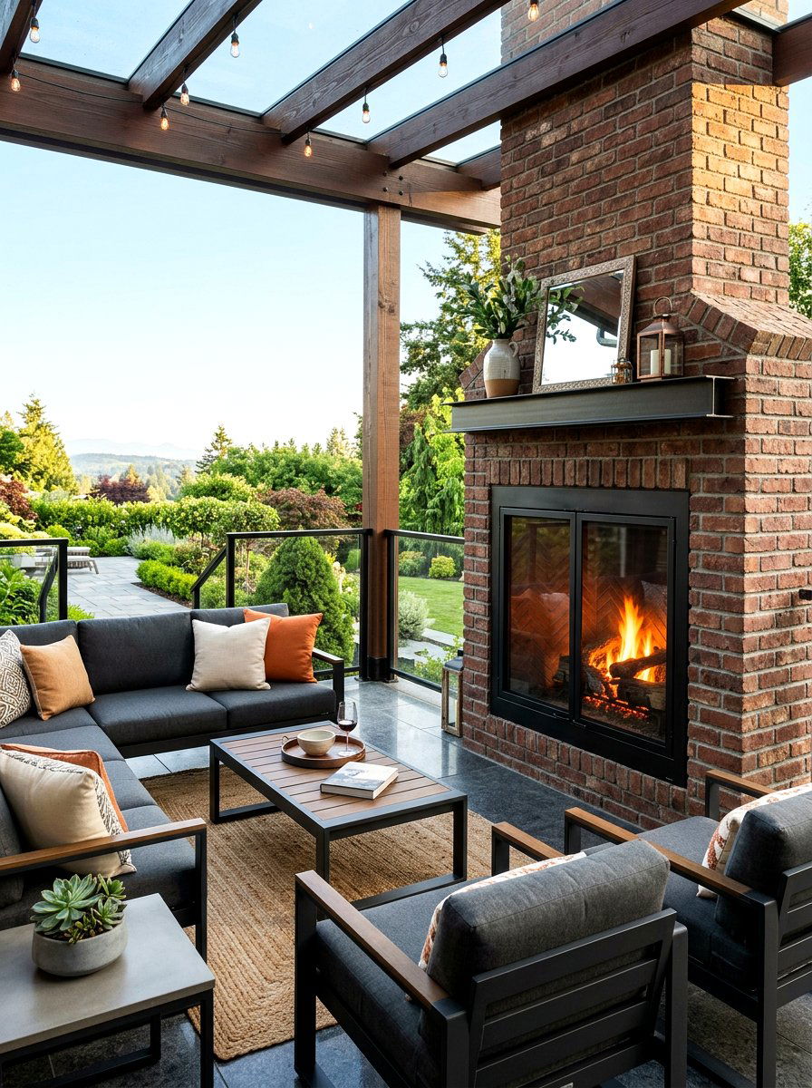 Brick fireplace glass door patio - 30 brick outdoor fireplace ideas