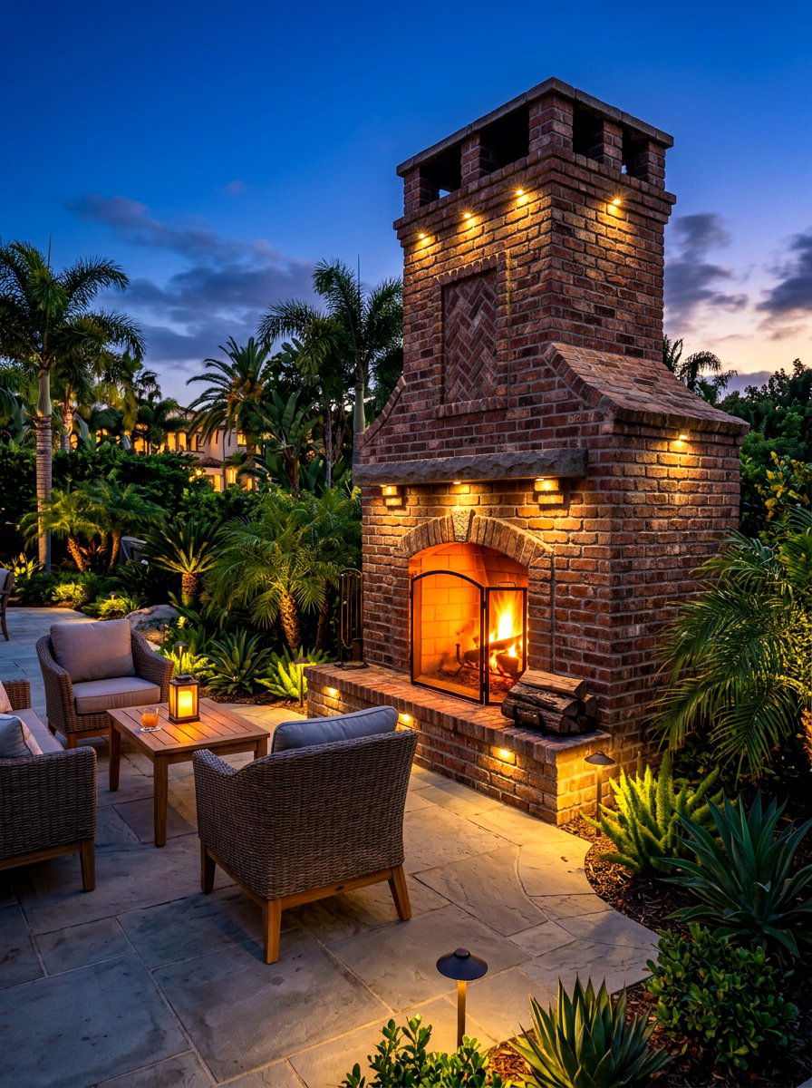 Brick fireplace integrated lighting patio - 30 brick outdoor fireplace ideas