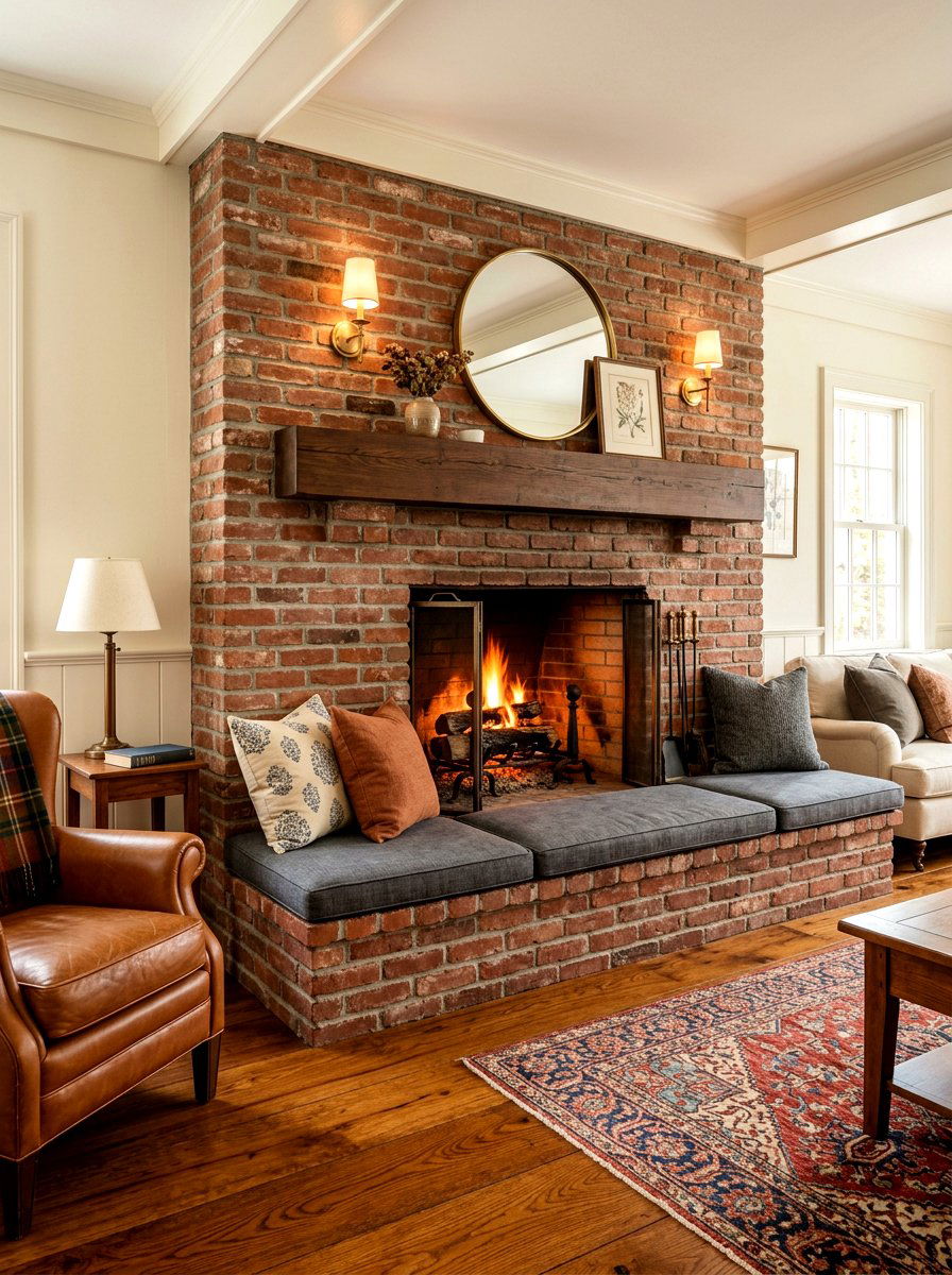 Brick fireplace seating ledge - 30 hearth seating ideas