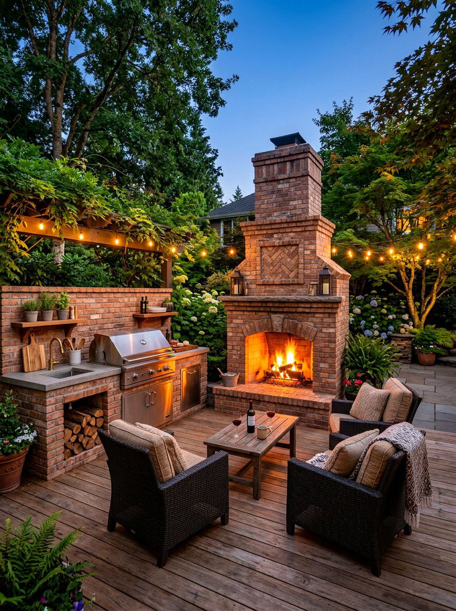 Brick outdoor kitchen fireplace - 30 alfresco kitchen ideas