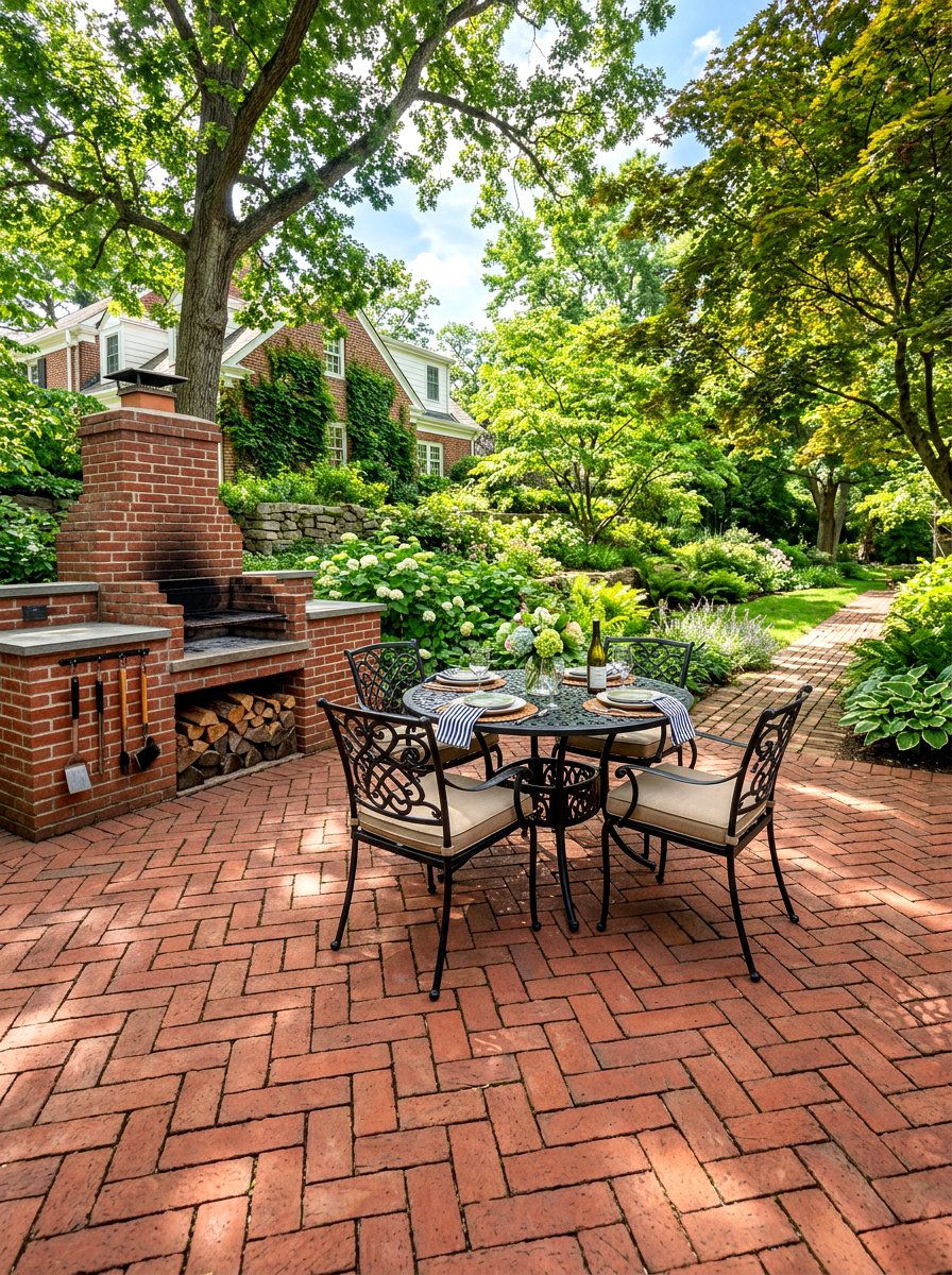 Brick patio with charcoal grill - 30 family BBQ patio ideas