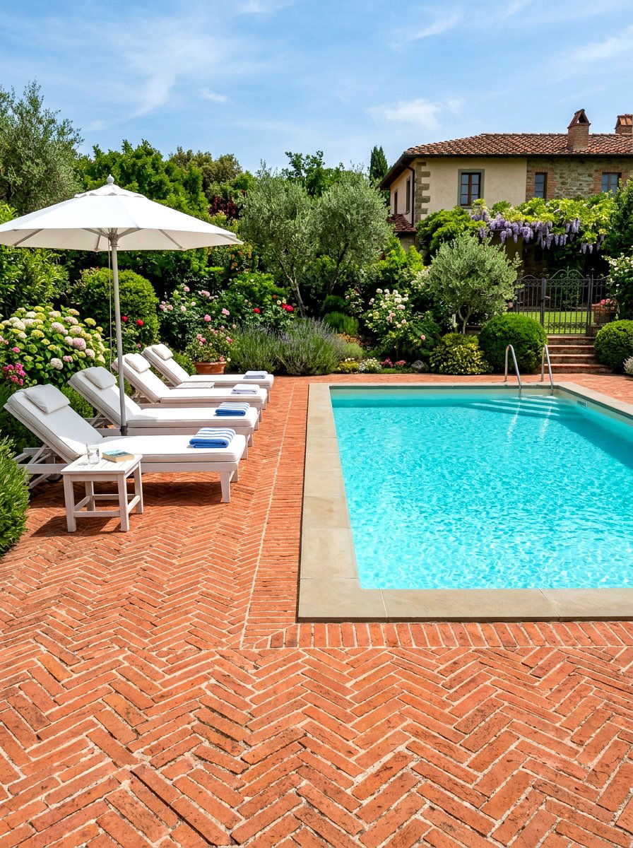 Brick paver deck - 30 small poolside patio ideas